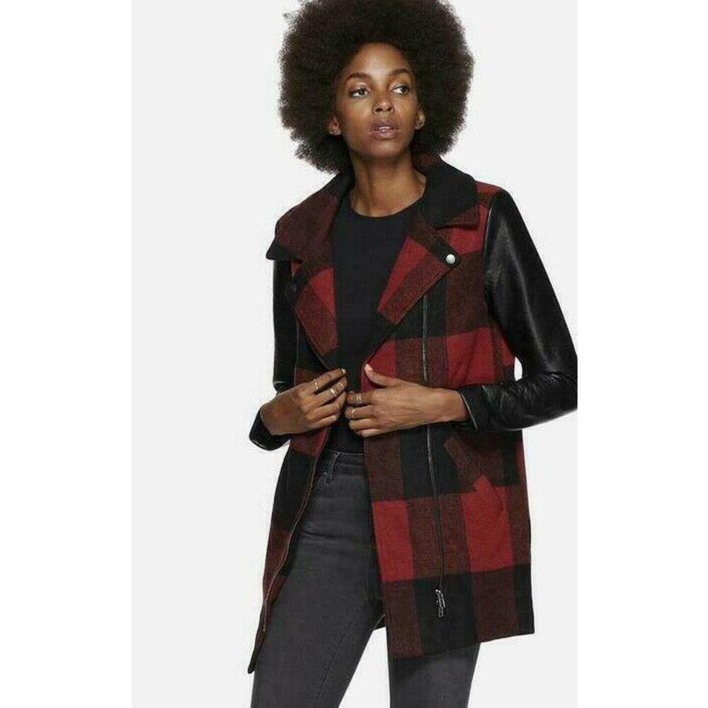 Noisy May Women's Leather Plaid Red Coat Jacket Size S